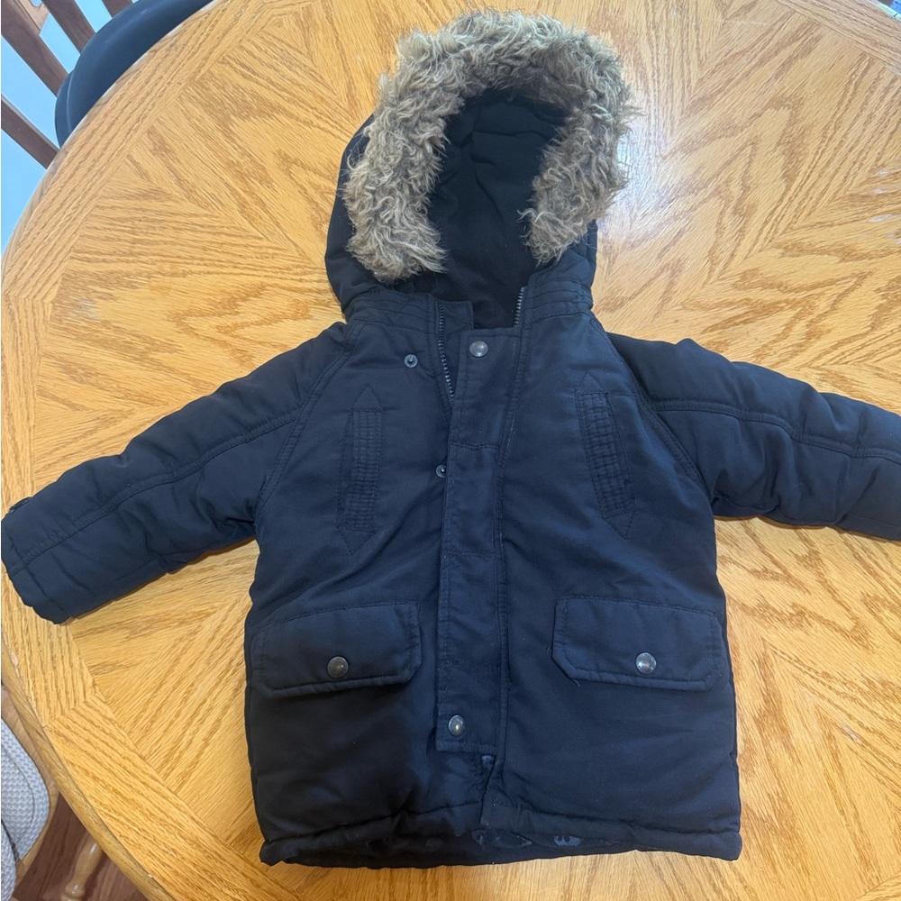 Black Hooded Winter Coat with Faux Fur Trim
